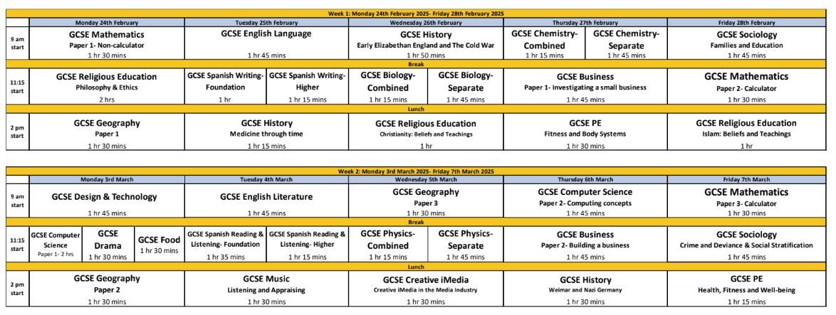 Year 11 Feb March 2025 Internal Assessment Timetable