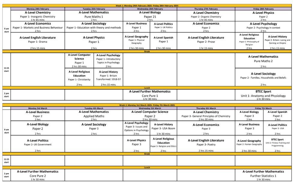 Year 13 Feb March 2025 Internal Assessment Timetable